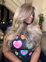 Glueless Highlight Honey Blonde Lace Front Body Wave Transparent Lace Wig 100% Human Hair