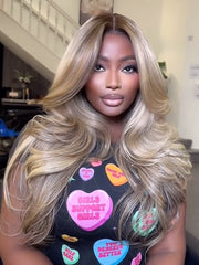 Glueless Highlight Honey Blonde Lace Front Body Wave Transparent Lace Wig 100% Human Hair