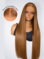 Glueless Caramel Brown Widows Peak M Hairline Silky Straight Transparent Lace Frontal Wig