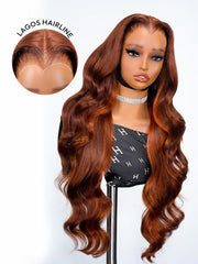 Lagos Hairline Body Wave Dark Burnt Orange Highlight Wig Human Hair Glueless 13x4 Lace Front Wig