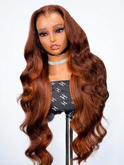Lagos Hairline Body Wave Dark Burnt Orange Highlight Wig Human Hair Glueless 13x4 Lace Front Wig