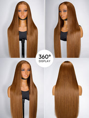 Glueless Caramel Brown Widows Peak M Hairline Silky Straight Transparent Lace Frontal Wig