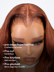 Lagos Hairline Body Wave Dark Burnt Orange Highlight Wig Human Hair Glueless 13x4 Lace Front Wig
