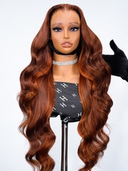 Lagos Hairline Body Wave Dark Burnt Orange Highlight Wig Human Hair Glueless 13x4 Lace Front Wig