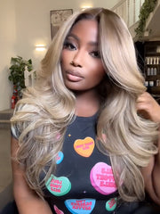 Glueless Highlight Honey Blonde Lace Front Body Wave Transparent Lace Wig 100% Human Hair