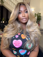 Glueless Highlight Honey Blonde Lace Front Body Wave Transparent Lace Wig 100% Human Hair
