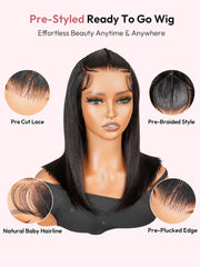 Pre-Styled Natural Black 10-14Inch Short Bob Wigs Ready To Go Pre-Cut 13x4 No Need Glue Lace Front Wigs