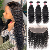 13x4 Lace Frontal Closures And Deep Wave Brazilian Hair Bundles 3 PCS