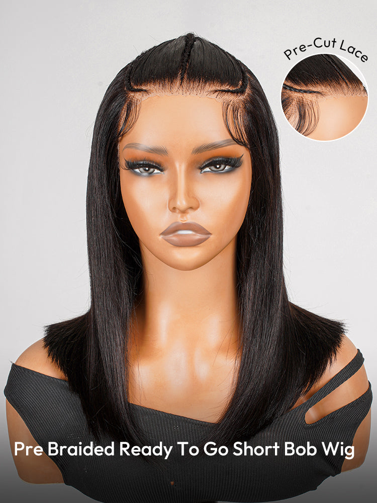 Pre-Styled Natural Black 10-14Inch Short Bob Wigs Ready To Go Pre-Cut 13x4 No Need Glue Lace Front Wigs