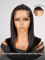 Pre-Styled Natural Black 10-14Inch Short Bob Wigs Ready To Go Pre-Cut 13x4 No Need Glue Lace Front Wigs