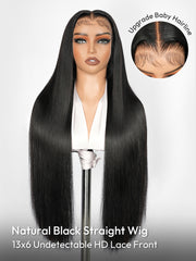 13x6 HD Lace Front Wig With Natural Balck Straight M Hairline with Baby Hair 300% High Density With Bouncy Human Hair