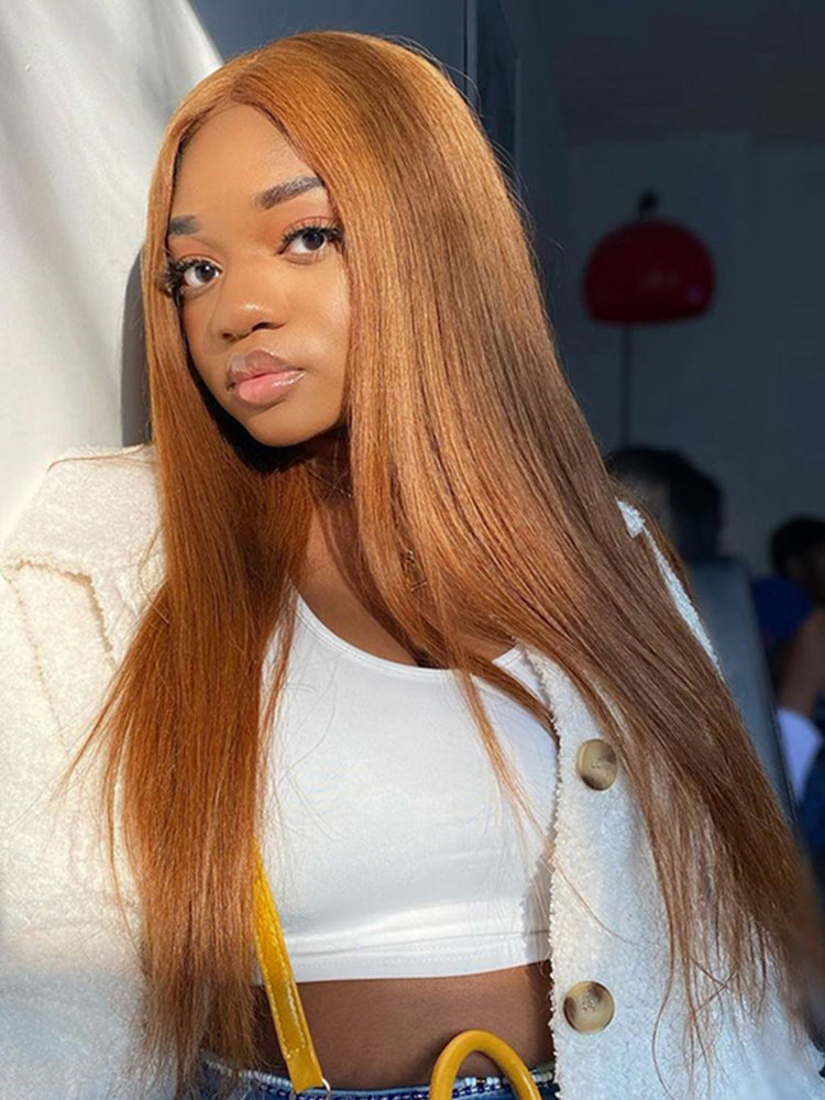 Glueless Caramel Brown Widows Peak M Hairline Silky Straight Transparent Lace Frontal Wig