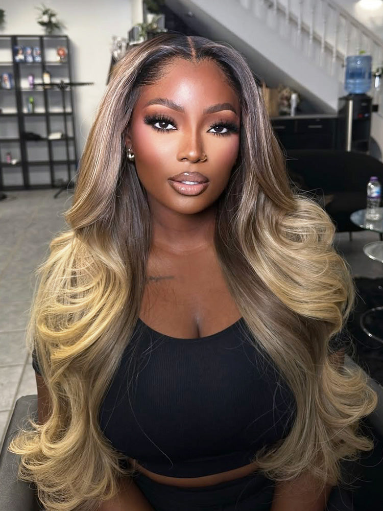 Ash Brown Ombre Blonde Colored Ready To Go Wigs Loose Body Transparent Lace Front Wig Human Hair