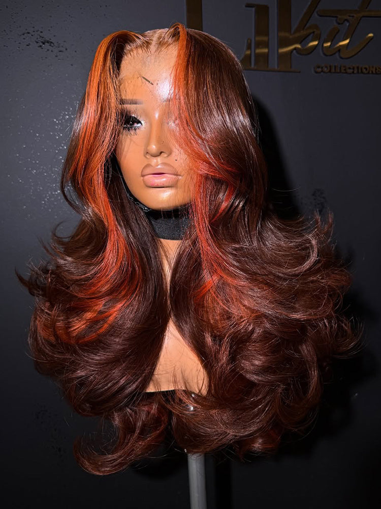 Glueless Hightlight Wig With Ombre Brown And Orange Body Wave Transparent Lace Wigs Human Hair