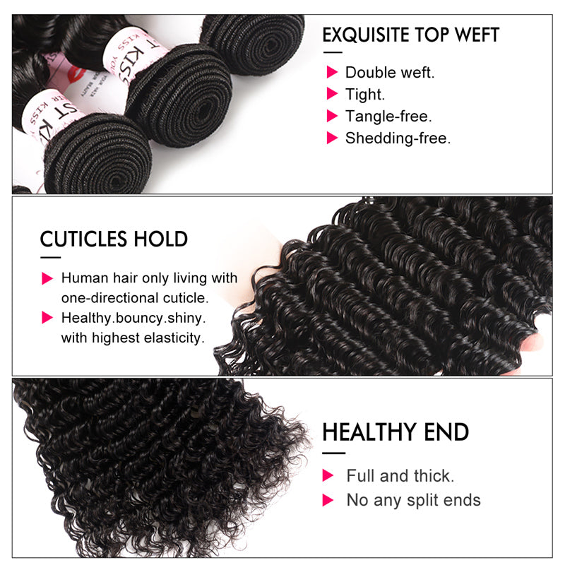13x4 Lace Frontal Closures And Deep Wave Brazilian Hair Bundles 3 PCS