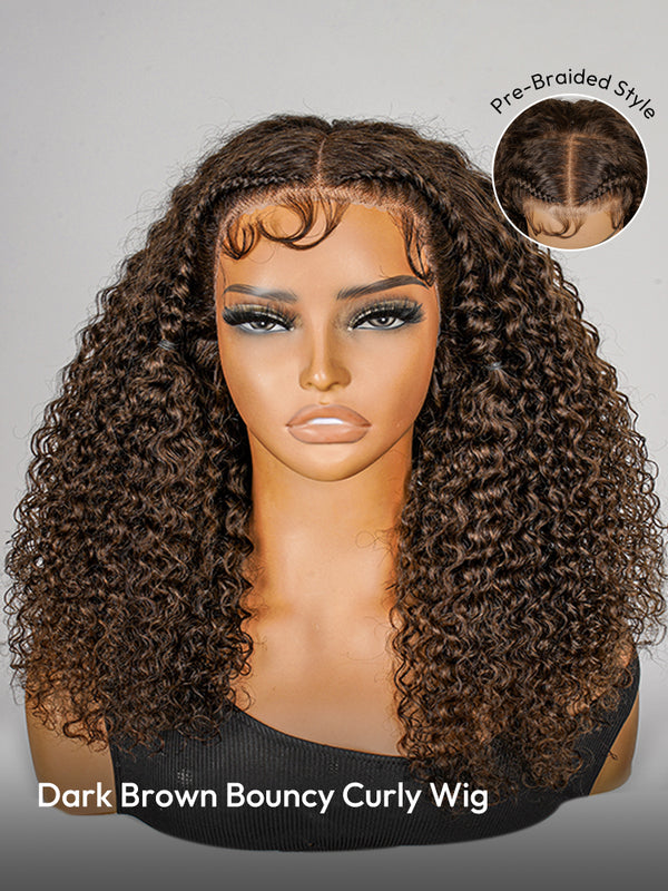 Pre-Styled #4 Dark Brown Jerry Curly Wigs Pre-Cut Ready To Go 13x4 Glueless Lace Front Wigs With Baby Hair