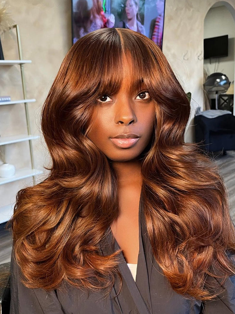 Cinnamon Brown Pre-Everything Loose Wave Wig Colored Glueless Lace Wigs With Bangs