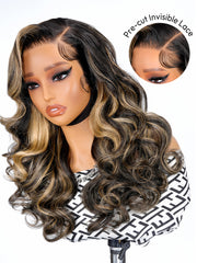 Black With Honey Blonde Highlight Layered Cut Body Wave Ready To Go 13x4 Lace Wigs