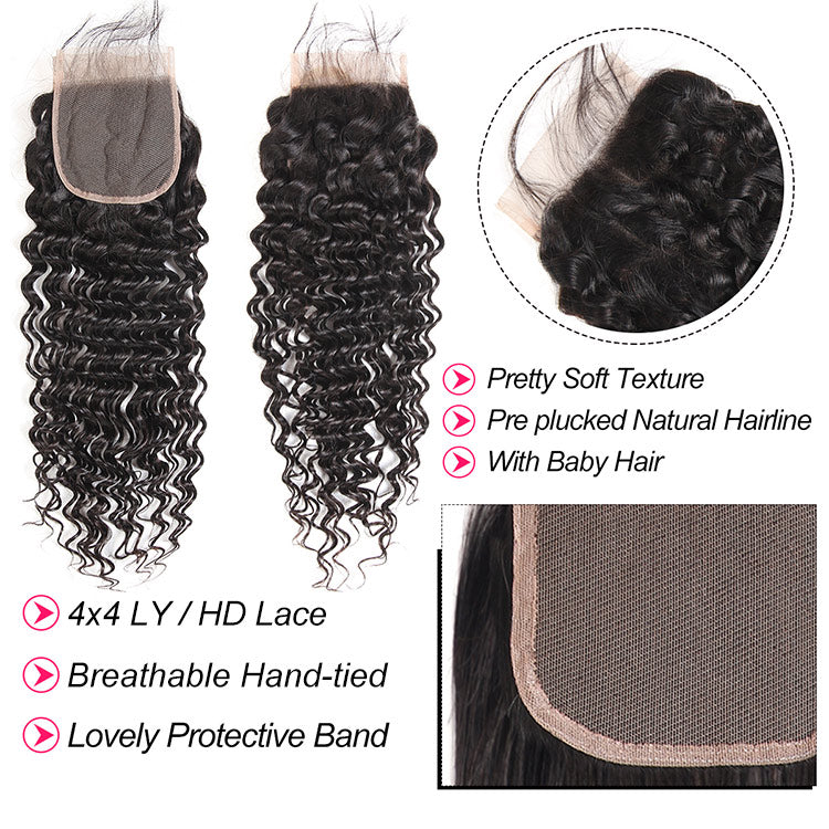 Deep Wave 4x4 Lace Closure With 3 Bundles Human Hair Weaves And Closure