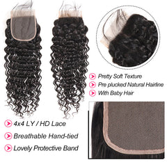 Deep Wave 4x4 Lace Closure With 3 Bundles Human Hair Weaves And Closure