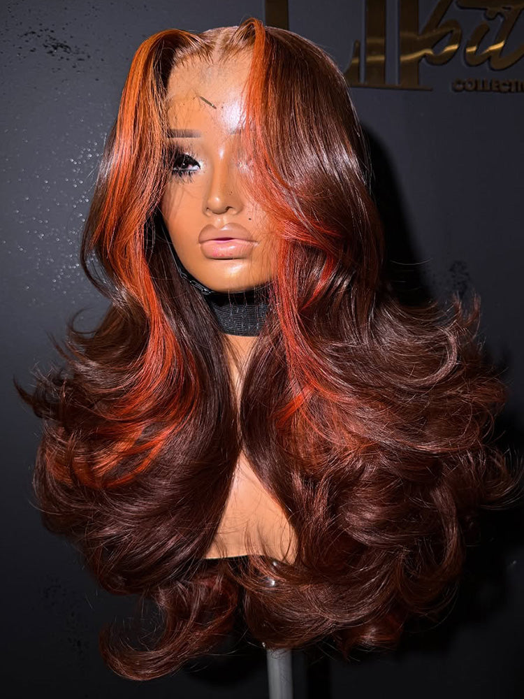 Glueless Hightlight Wig With Ombre Brown And Orange Body Wave Transparent Lace Wigs Human Hair