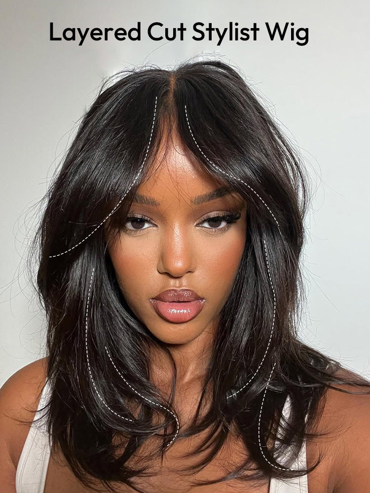 Glueless Chic Layered Cut Bob Wig 5x7 Lace Closure Human Hair Wig With Bangs