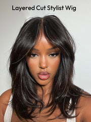 Glueless Chic Layered Cut Bob Wig 5x7 Lace Closure Human Hair Wig With Bangs