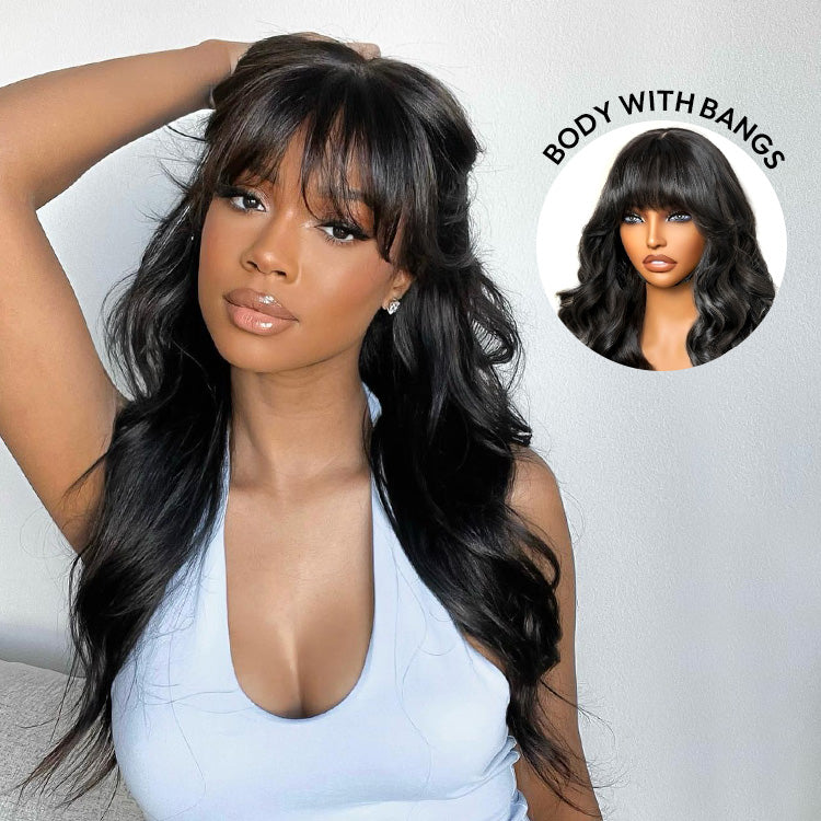 Body Wave Human Hair Wigs With Bangs 5*5 Ready to Go Pre-Cut Lace Closure 180% Density Wigs For Women