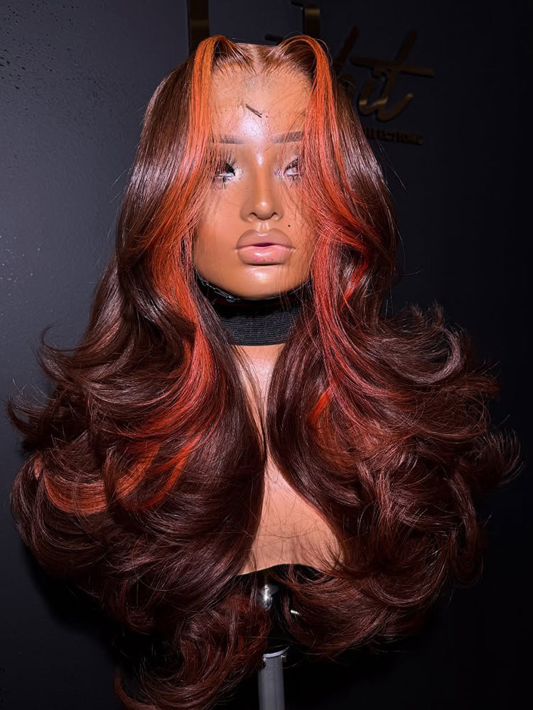 Glueless Hightlight Wig With Ombre Brown And Orange Body Wave Transparent Lace Wigs Human Hair