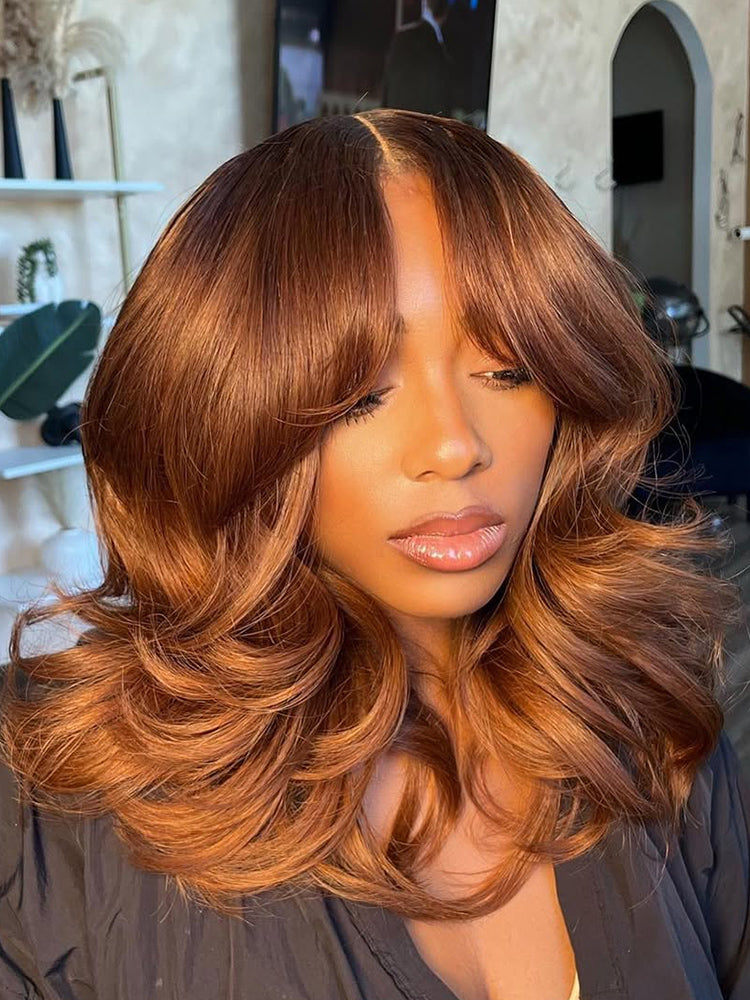 Cinnamon Brown Pre-Everything Loose Wave Wig Colored Glueless Lace Wigs With Bangs