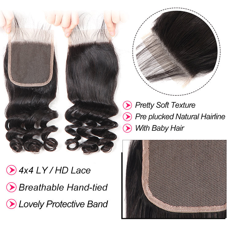 100% Brazilian Virgin Hair Loose Wave Weave 3 Bundles And 4*4 Lace Closures
