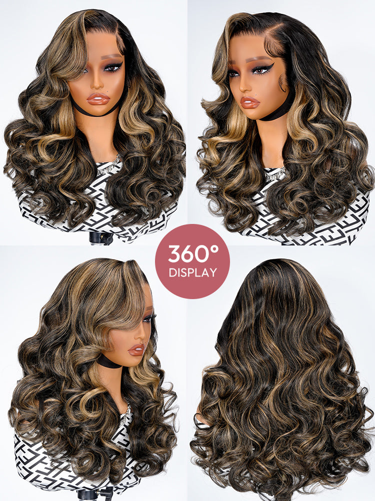 Black With Honey Blonde Highlight Layered Cut Body Wave Ready To Go 13x4 Lace Wigs