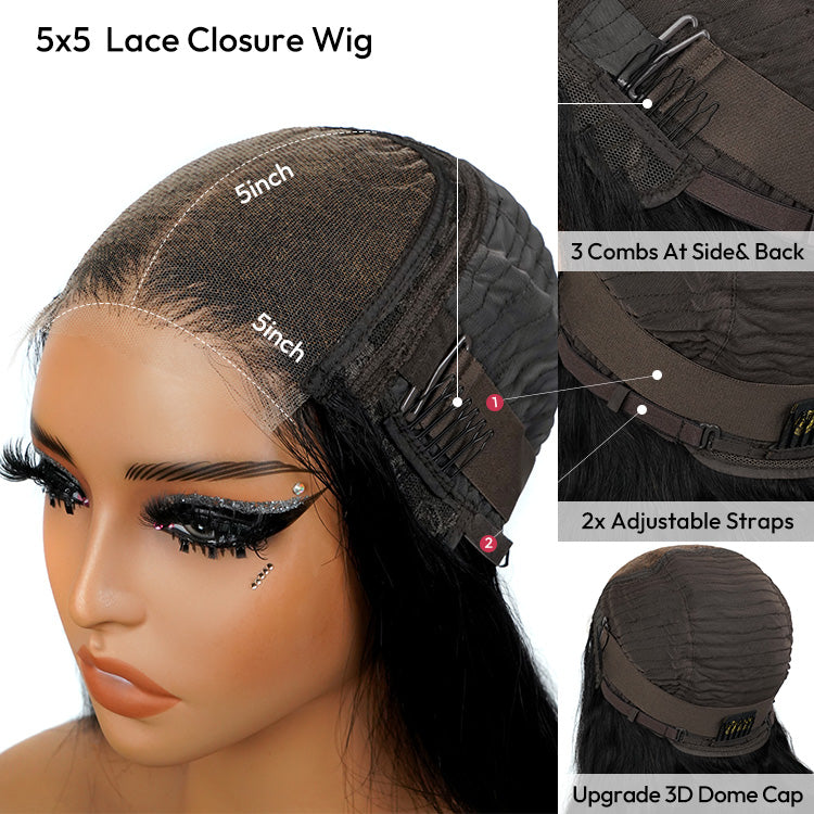 Body Wave Human Hair Wigs With Bangs 5*5 Ready to Go Pre-Cut Lace Closure 180% Density Wigs For Women