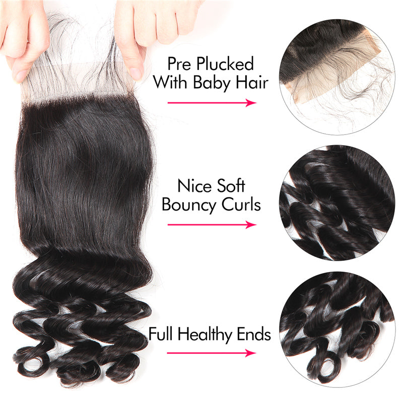 Loose Wave 5×5 Swiss Transparent Lace Closure And Brazilian Hair Weave Loose Weave 3 Bundles