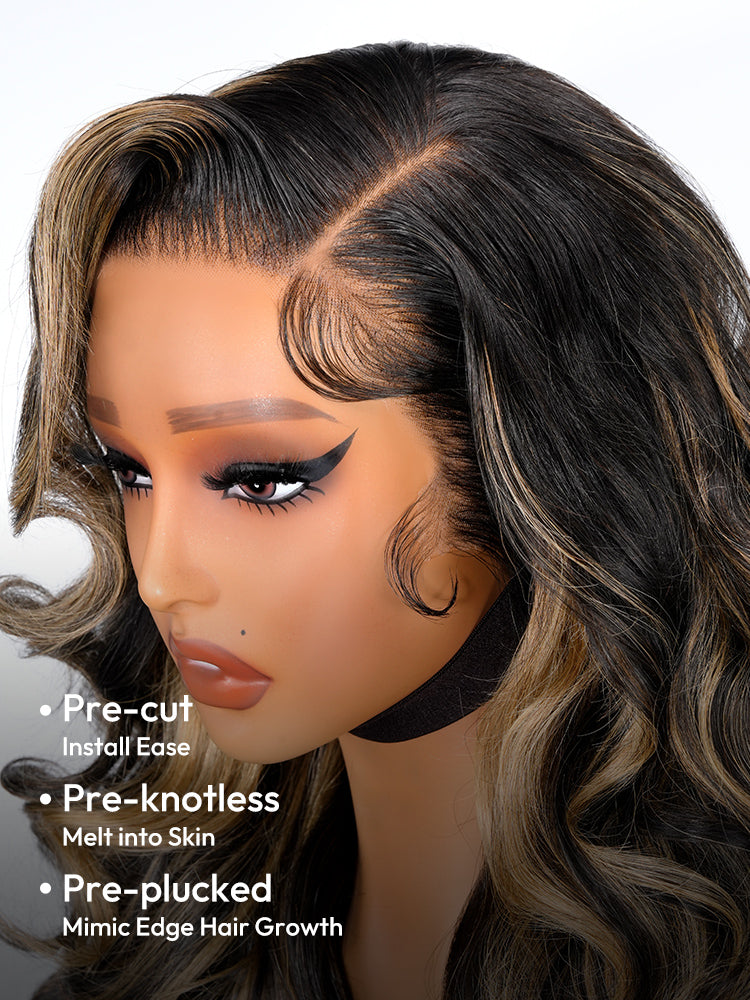 Black With Honey Blonde Highlight Layered Cut Body Wave Ready To Go 13x4 Lace Wigs