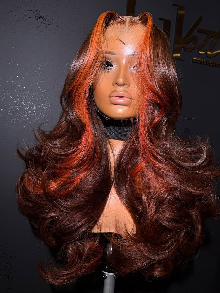 Glueless Hightlight Wig With Ombre Brown And Orange Body Wave Transparent Lace Wigs Human Hair