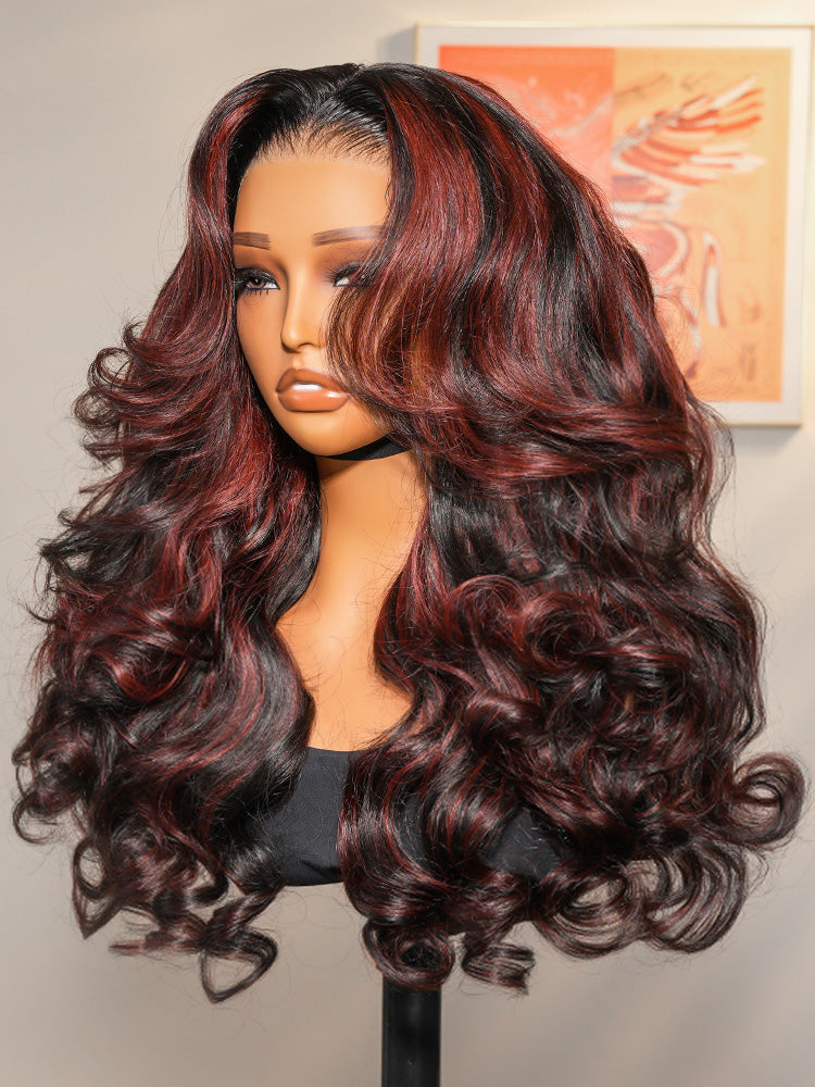 Cherry Cola Red Highlight Layered Cut Customized Wave Human Hair Pre-Everything Wig