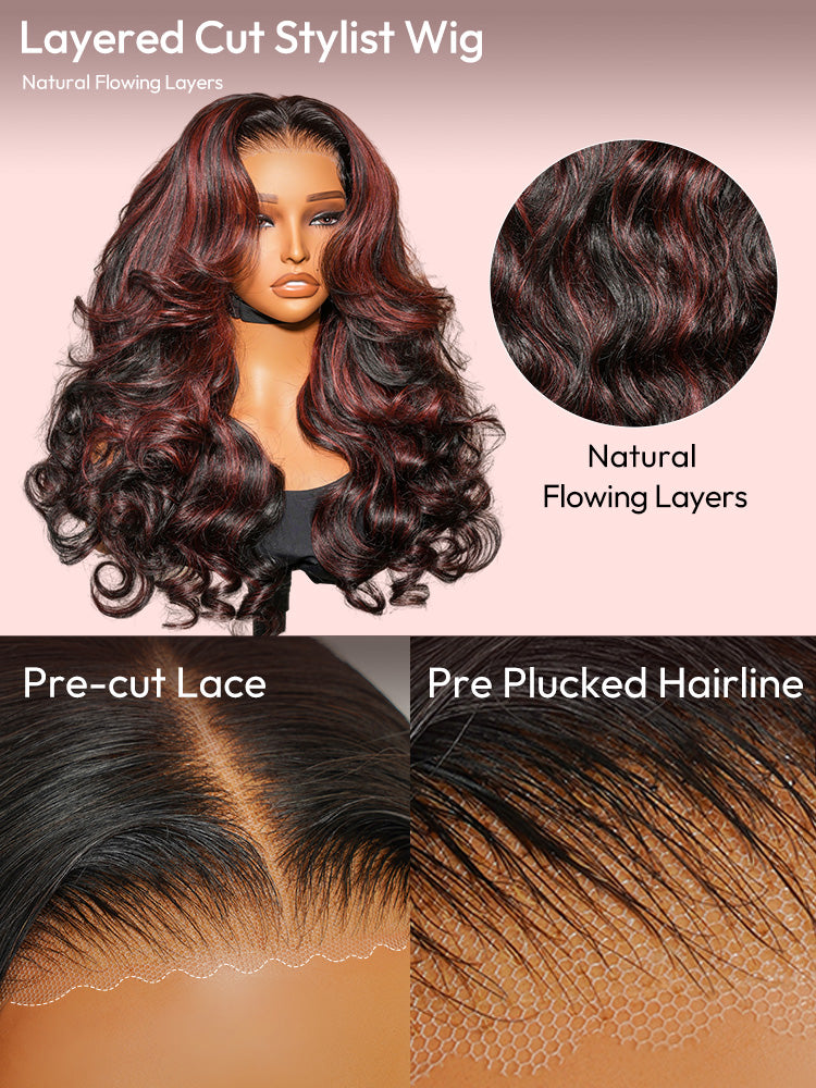 Cherry Cola Red Highlight Layered Cut Customized Wave Human Hair Pre-Everything Wig