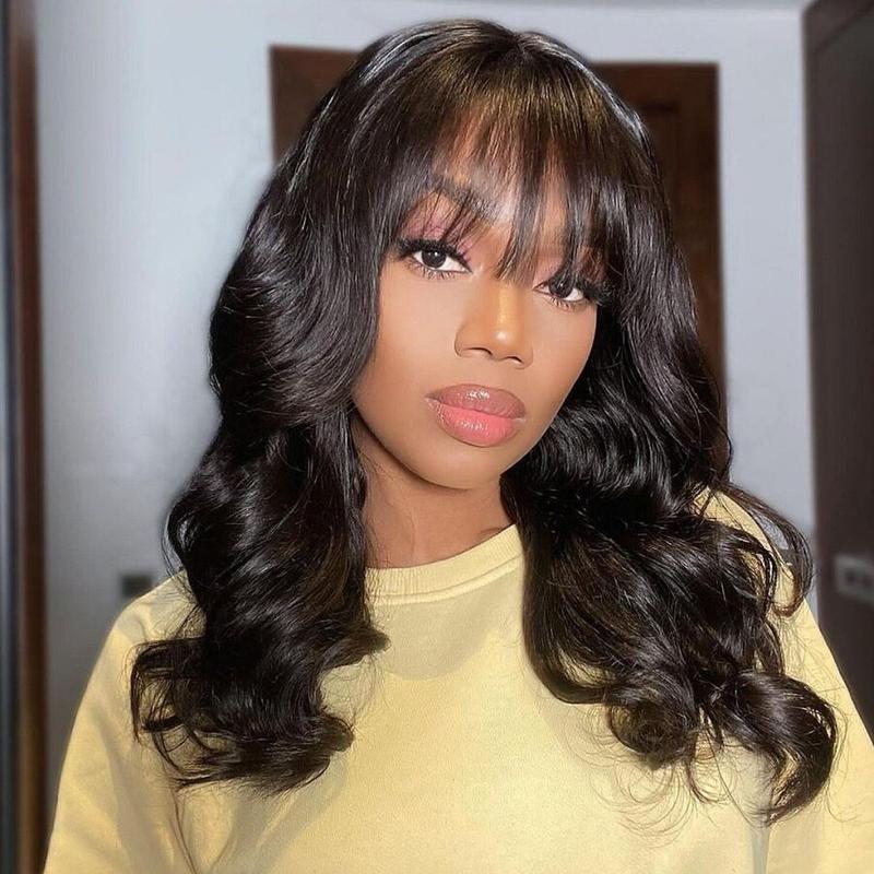 Body Wave Human Hair Wigs With Bangs 5*5 Ready to Go Pre-Cut Lace Closure 180% Density Wigs For Women