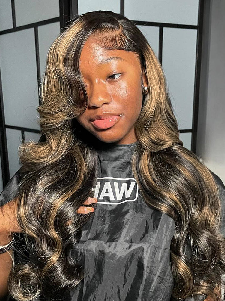 Black With Honey Blonde Highlight Layered Cut Body Wave Ready To Go 13x4 Lace Wigs