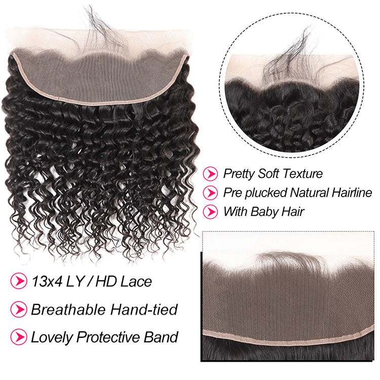 13x4 Lace Frontal Closures And Deep Wave Brazilian Hair Bundles 3 PCS