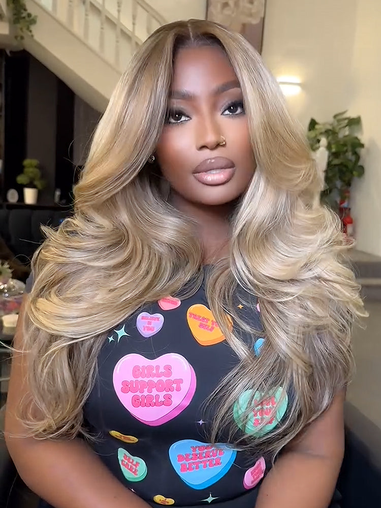 Glueless Highlight Honey Blonde Lace Front Body Wave Transparent Lace Wig 100% Human Hair
