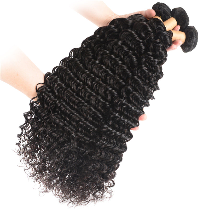 Deep Wave 4x4 Lace Closure With 3 Bundles Human Hair Weaves And Closure