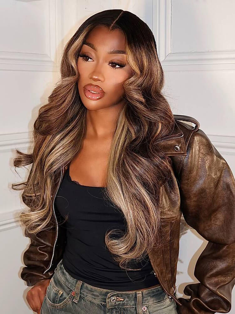 Lagos Hairline Colored Wig Black And Honey Blonde Highlight With Body Wave 13x4 Lace Front Wigs