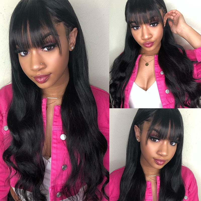 Body Wave Human Hair Wigs With Bangs 5*5 Ready to Go Pre-Cut Lace Closure 180% Density Wigs For Women