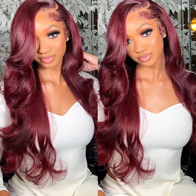 Glueless Ready To Go Wigs - 99J Burgundy Body Wave Lace Wigs On Dark Skin