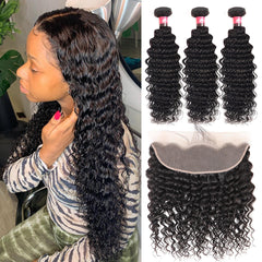 13x4 Lace Frontal Closures And Deep Wave Brazilian Hair Bundles 3 PCS