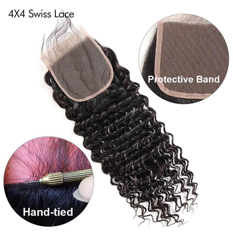 Deep Wave 4x4 Lace Closure With 3 Bundles Human Hair Weaves And Closure