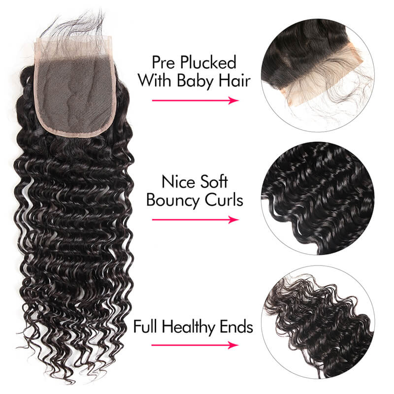 Deep Wave 4x4 Lace Closure With 3 Bundles Human Hair Weaves And Closure