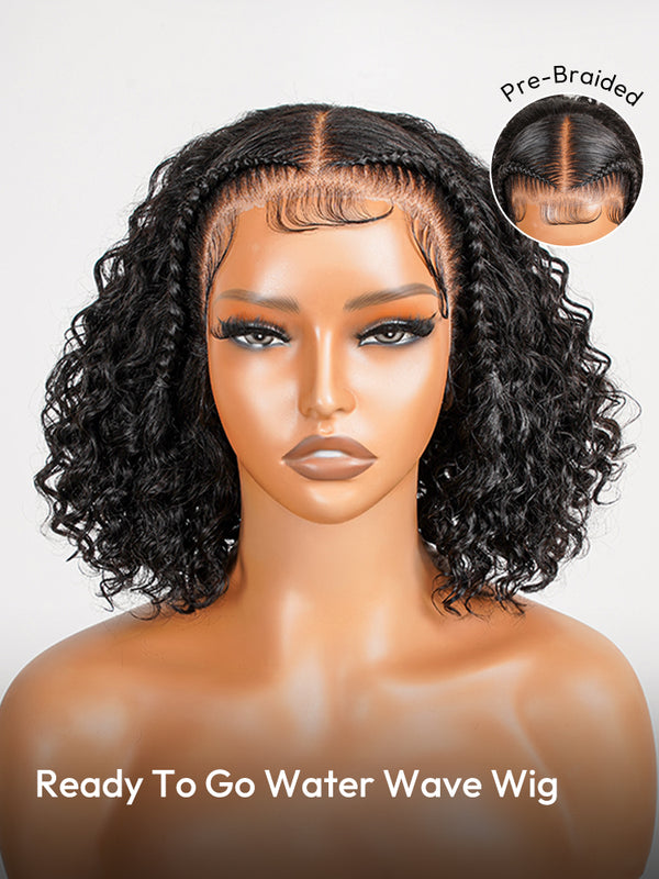 Pre-Braided Natural Black Water Wave Wigs Pre-Cut Ready To Go 13x4 Glueless Lace Front Wig With Baby Hair